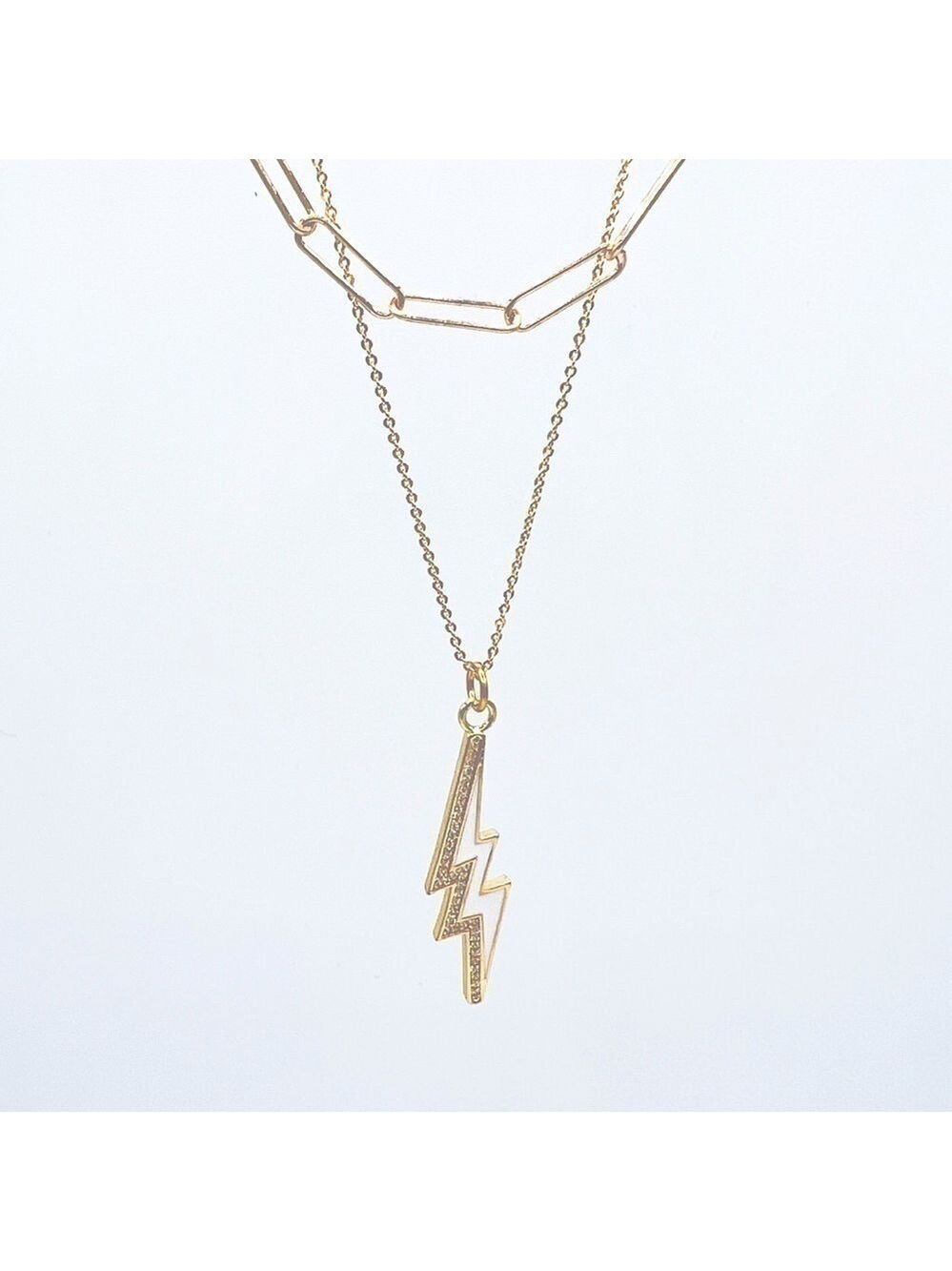 Gold filled paperclip and rolo chains with white enamel lightening bolt